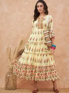 Sangria Ethnic Motifs Printed Bell Sleeves Tiered Pure Cotton A-Line Ethnic Dress