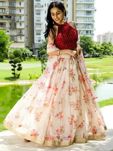 AKS Couture Bandhani Printed Ready to Wear Organza Lehenga & Blouse With Dupatta