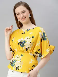 Sera Floral Printed Bell Sleeves Cinched Waist Top