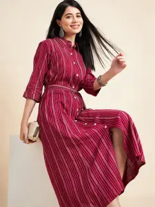 all about you Striped Shirt Collar Tie-Ups Detail A-Line Midi Dress