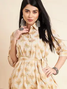 all about you Ethnic Motifs Printed Shirt Collar Tie Up Detail Ethnic Dress