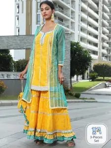 AKS Couture Ethnic Motif Printed Pure Cotton Kurta & Sharara With Jacket & potli Bag