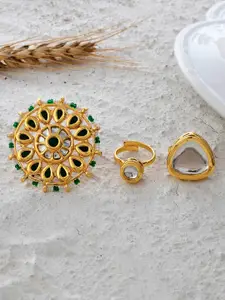 DASTOOR Set Of 3 Gold Plated Kundan Studded Adjustable Finger Rings