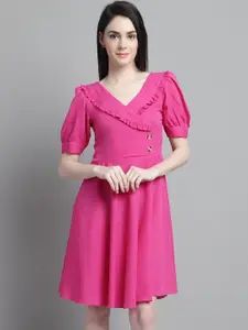 MARC LOUIS V-Neck Puff Sleeve Ruffled Crepe Wrap Dress