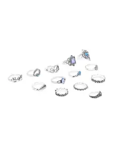 Jewels Galaxy Set Of 13 Silver-Plated Stone Studded Stackable Oxidised Finger Rings