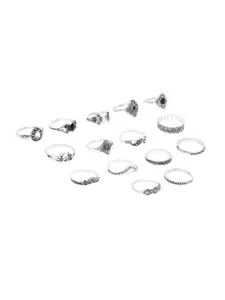 Jewels Galaxy Set Of 15 Silver-Plated Oxidized Stone Studded Finger Rings