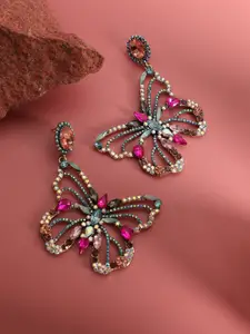 SOHI Gold Plated Stone Studded Contemporary Drop Earrings