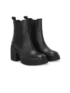 Delize Women Square Toe Mid Top Leather Platform Heel Regular Boots