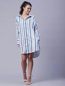 Moomaya Striped Cuffed Sleeves Shirt Style Dress