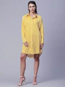 Moomaya Striped Cuffed Sleeves Shirt Style Dress