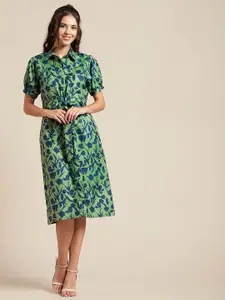 Moomaya Floral Printed Waist Tie Ups Shirt Style Midi Dress