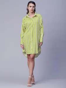 Moomaya Striped Cuffed Sleeves Shirt Style Dress