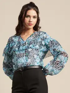 Moomaya Floral Print Georgette Shirt Style Crop Top