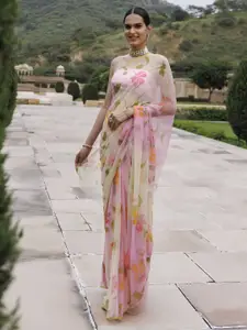 Geroo Jaipur Floral Printed Zari Poly Chiffon Saree