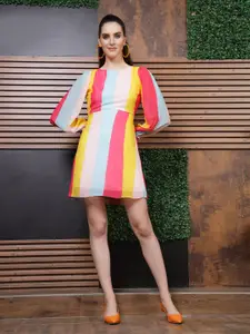 Athena Striped Puff Sleeves Cut-Outs Detail A-Line Dress