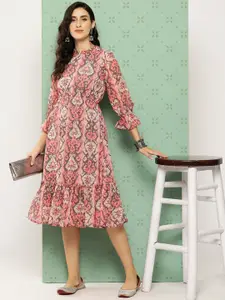 Janasya Ethnic Motifs Print Puff Sleeve Georgette A-Line Midi Dress