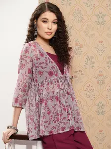 Janasya Women Solid Shoulder Straps Crop Top & Trousers with Floral Print Shrug