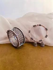 ATIBELLE Set Of 2 German Silver Plated Oxidised Kada Bangles With Jhumki Drop