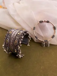 ATIBELLE Set Of 2 German Silver-Plated Kundan Studded Bangles With Jhumki Drop