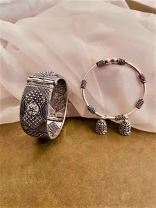 ATIBELLE Set Of 2 German Silver-Plated Oxidised Kada Bangles With Jhumki Drop