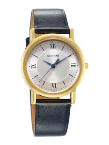 Sonata Men Classique Brass Dial & Leather Straps Analogue Watch 7987YL06W