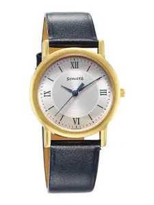 Sonata Men Classique Brass Dial & Leather Straps Analogue Watch 7987YL06W