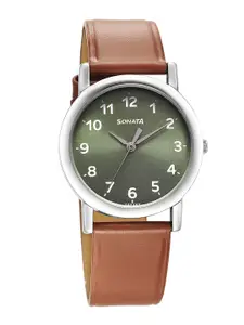 Sonata Men Classique Brass Dial & Leather Straps Analogue Watch 7987SL04W