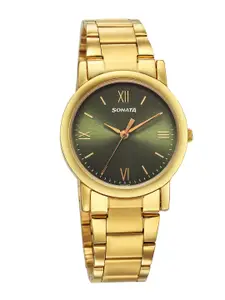 Sonata Men Classique Brass Dial & Stainless Steel Straps Analogue Watch-7987YM15W
