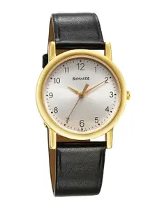 Sonata Classique Collection Men Brass Dial & Leather Straps Analogue Watch 7987YL07W