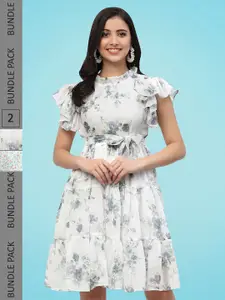 MISS AYSE Pack of 2 Floral Printed Puff Sleeve Georgette Fit & Flare Dress