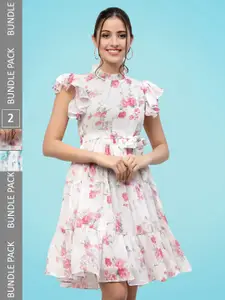 MISS AYSE Pack Of 2 Floral Print Flutter Sleeve Georgette Fit & Flare Dress