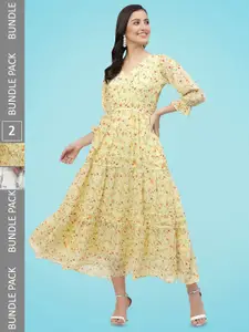 MISS AYSE Pack Of 2 Floral Printed Bell Sleeves Georgette Fit & Flare Dress