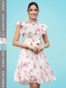 MISS AYSE Pack Of 2 Floral Printed Bell Sleeves Georgette Fit & Flare Dress