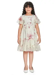 Peppermint Girl Round Neck Floral Printed Flared Semi Sheer Sleeve Fit & Flare Dress