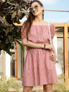 Sera Pink Floral Printed Off Shoulder Neck Top With Flared Skirt