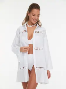 Trendyol Self Design Drop-Shoulder Sleeves Schiffli Longline Pure Cotton Casual Shirt