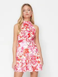 Trendyol Floral Printed Halter Neck Fit & Flare Mini Dress
