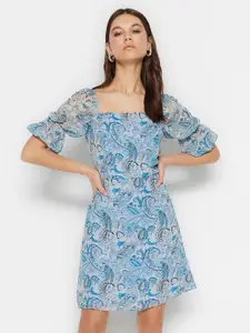 Trendyol Ethnic Motifs Printed Square Neck Puff Sleeves A-Line Mini Dress