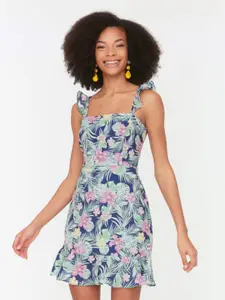 Trendyol Tropical Printed Shoulder Straps Ruffled Fit & Flare Dress