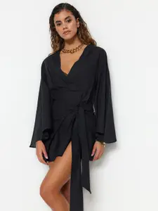 Trendyol V-Neck Flared Sleeve Pure Cotton A-Line Mini Dress