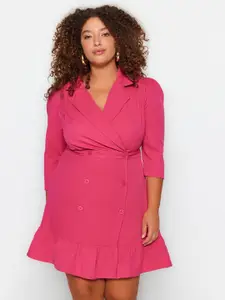 Trendyol Plus Size Notched Lapel Collar Puff Sleeves Wrap Above Knee Dress