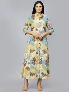 ENTELLUS Floral Printed Mandarin Collar Cotton A-Line Dress