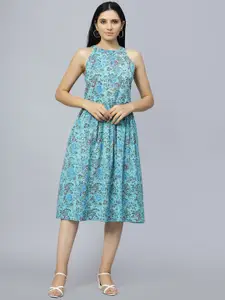 ENTELLUS Floral Printed Gathered Cotton A-Line Midi Dress