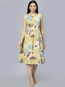 ENTELLUS Floral Printed Fit & Flare Cotton Midi Dress