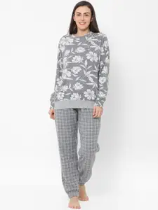 Sweet Dreams Charcoal & White Floral Printed Long Sleeves Night suit