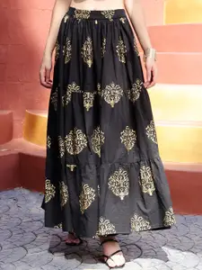 Sera Ethnic Printed Gathered & Pleated Pure Cotton A-Line Maxi Skirt