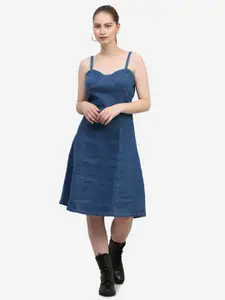 SUMAVI-FASHION Shoulder Straps Pure Cotton Denim A-Line Dress