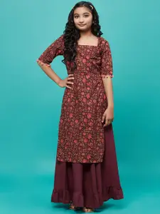 Aks Kids Girls Floral Printed Square Neck Pure Cotton Straight Kurta With Skirt