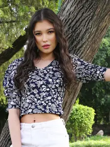 Sera Blue & White Floral Printed Puff Sleeves Crop Top