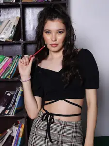 Sera Black V-Neck Puff Sleeves Tie-Up Fitted Crop Top